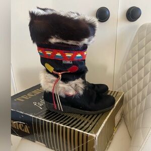 Vintage Tecnica Black Goat Skin & Fur Scandia Apres Winter/Ski Boots SZ 40/ 9